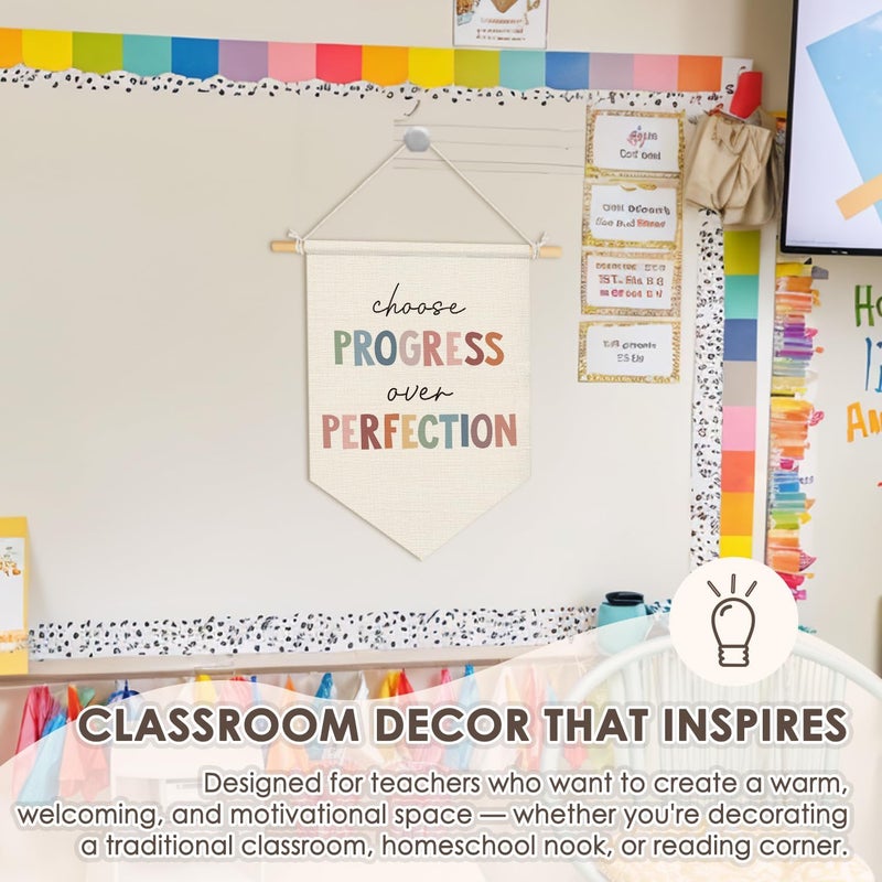 Wheatwin Classroom Wall Decor, Progress Over Perfection Pennant Flag Banner, Inspirational Wall Hanging Decor for Kindergarten Boho Classroom Kids Toddler Playroom, Teacher Gifts 15x11 Inch - Image 3